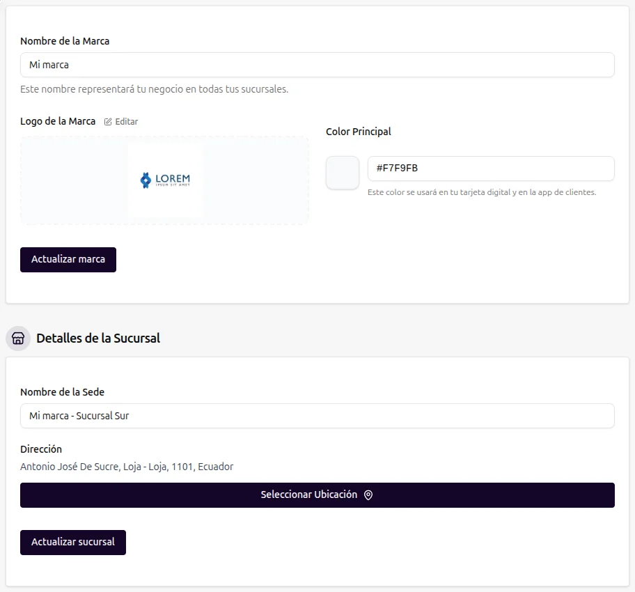 Configuración del negocio en UPoints Manager